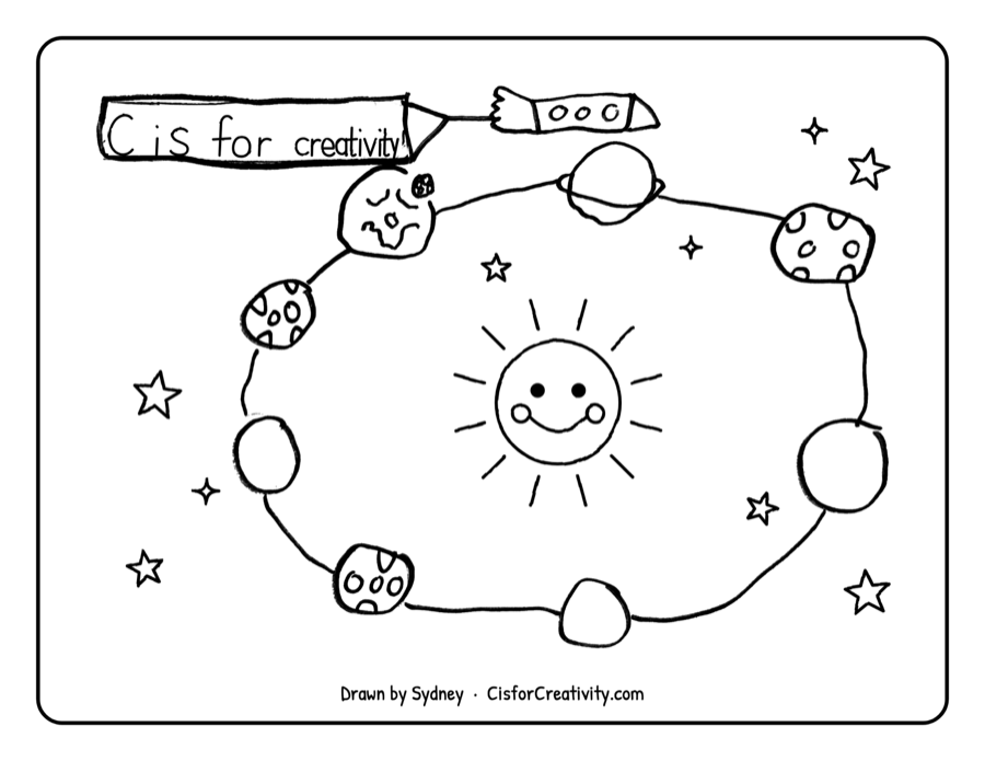 Coloring page: a rocket pulling a C is for creativity banner past planets orbiting a smiling sun, with stars