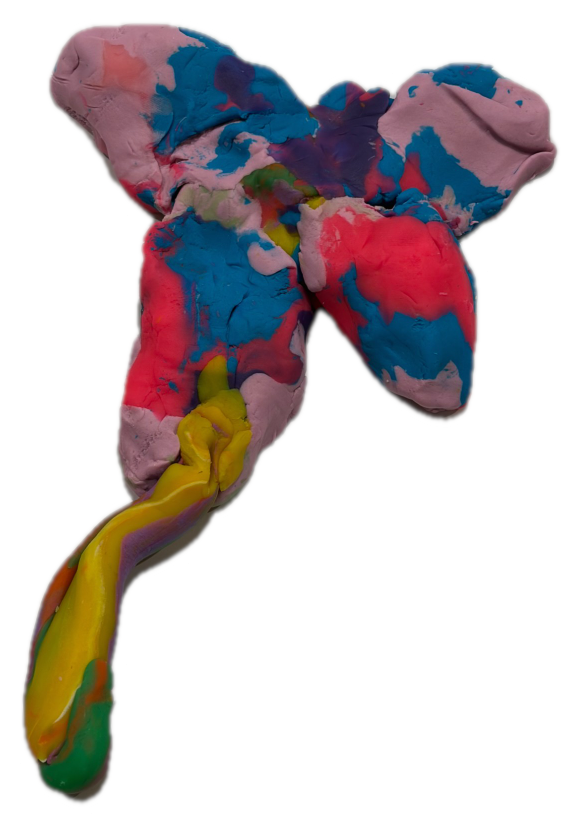 A rainbow clay flower with pink, blue, and red petals and a yellow and green stem